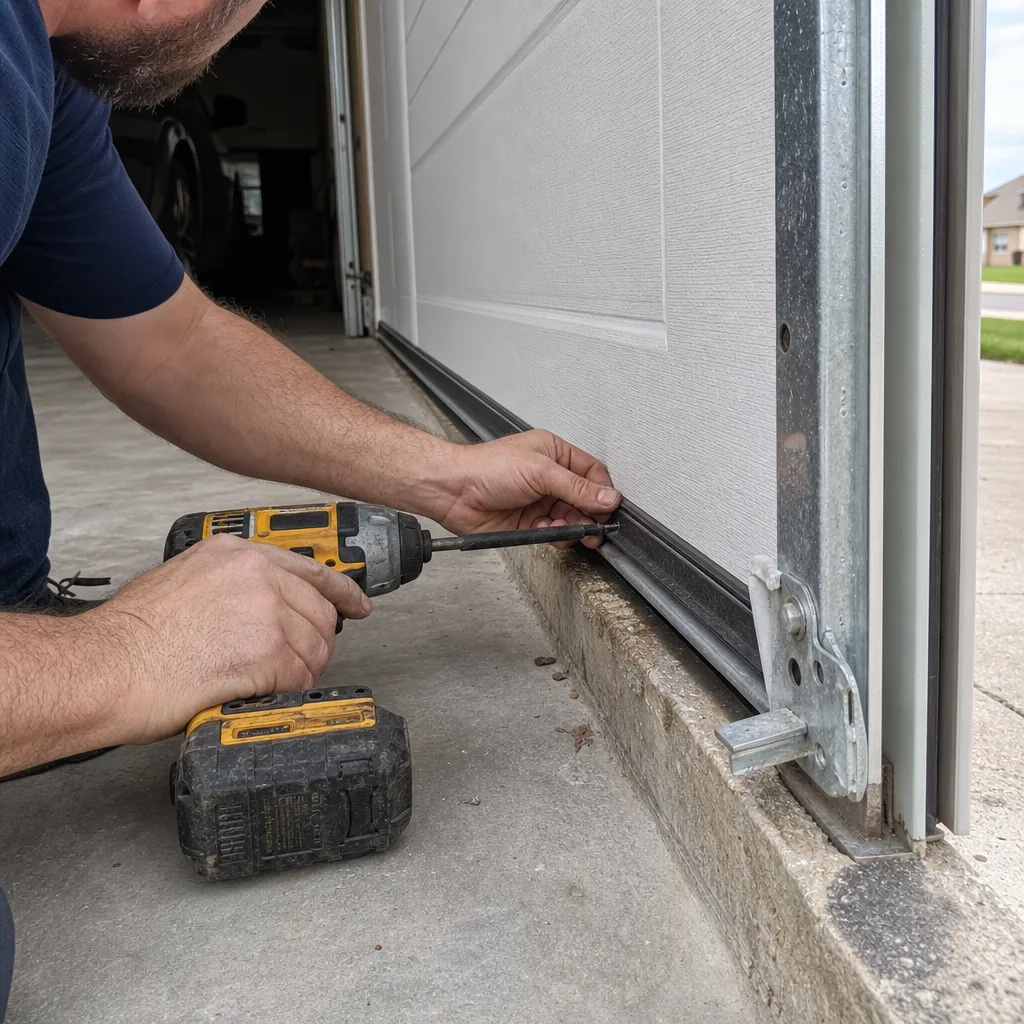 Technician installing garage door weather stripping with a power drill