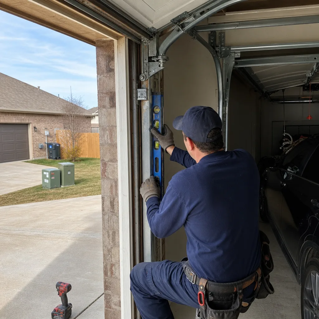 Technician checking garage door track alignment with a spirit level.