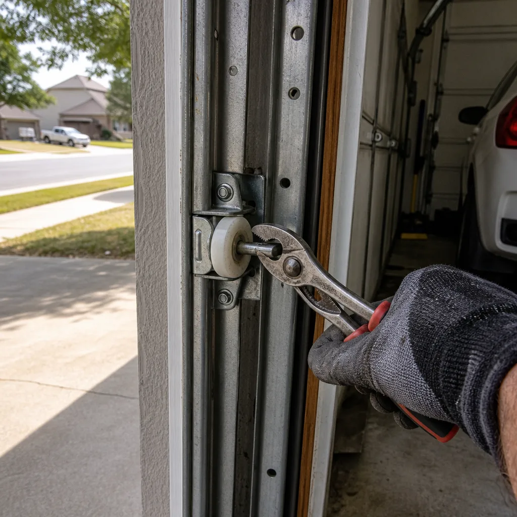 Technician using pliers to repair a garage door roller