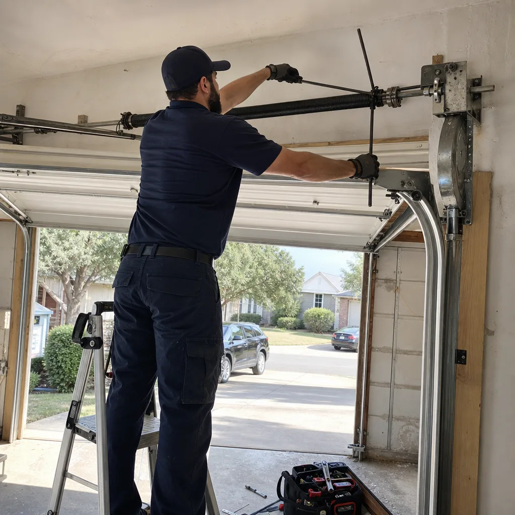 Technician performing professional garage door torsion spring repair